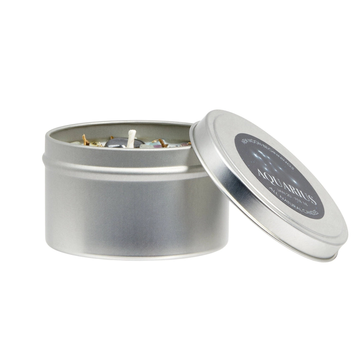 Silver candle tin with 'Aquarius' label on a white background