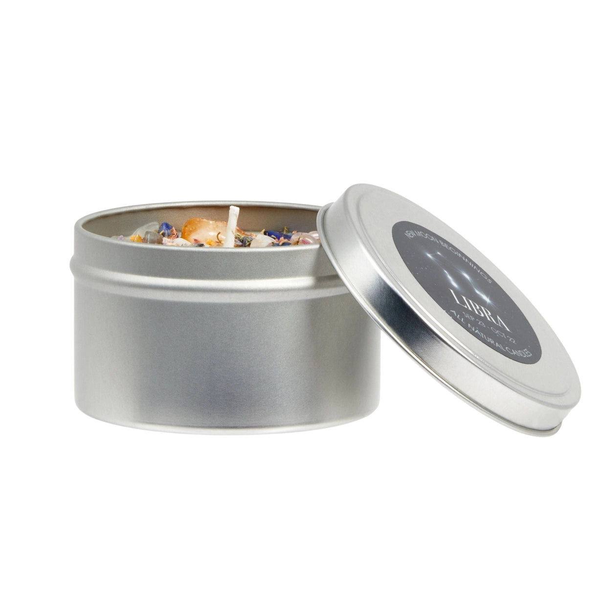 Silver tin candle with visible candle inside on a white background