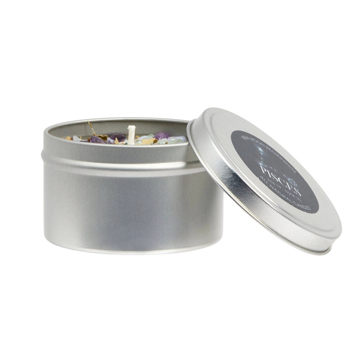Silver candle tin with lid open on a white background
