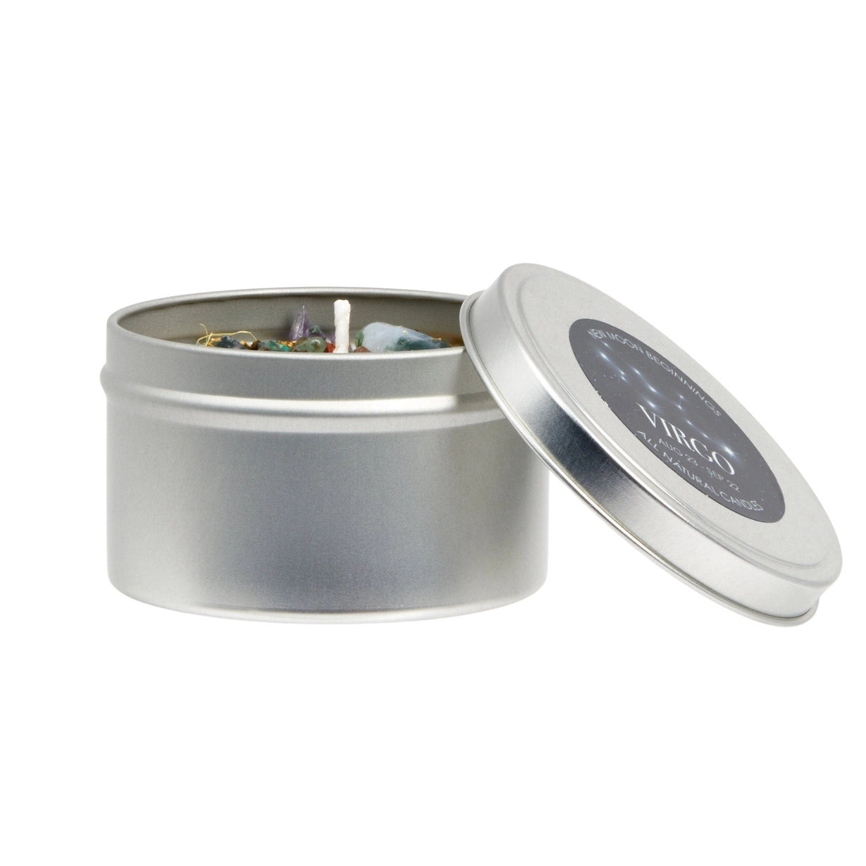 Silver candle tin with a lid on a white background
