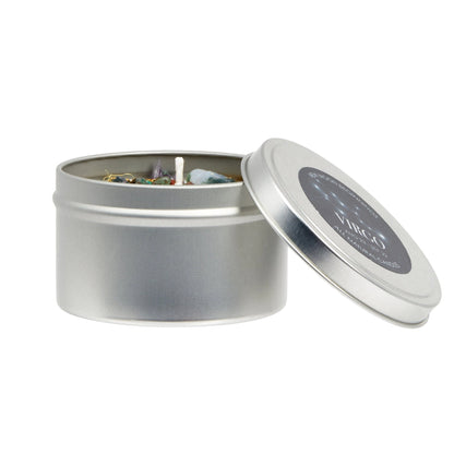 Silver candle tin with a lid on a white background