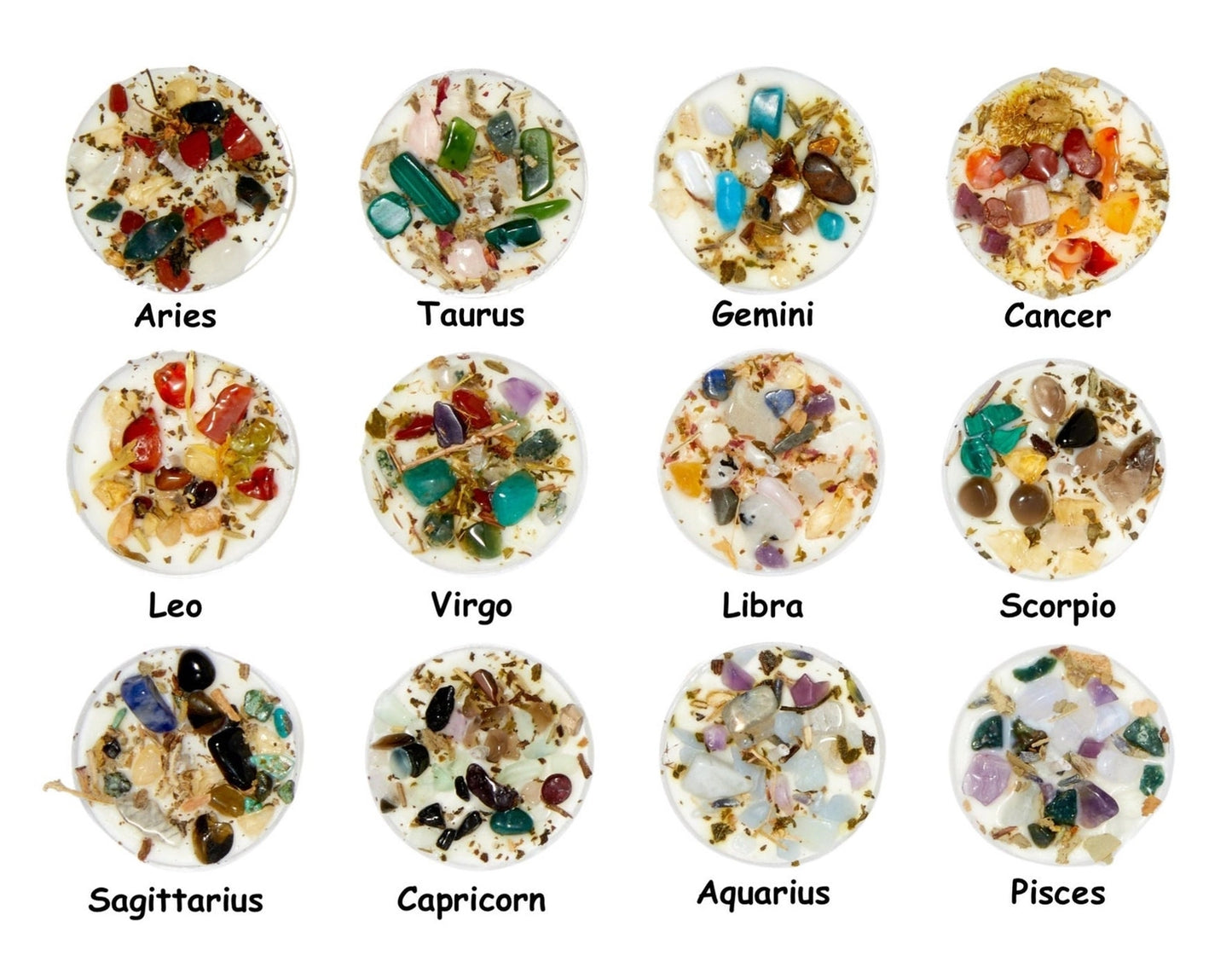 Decorative stones on candles for each zodiac sign on a white background